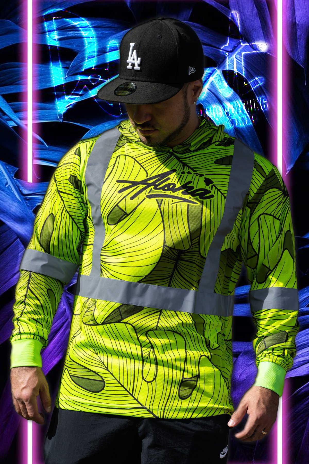 Neon Green/Monstera HI Viz. (Mesh) Hooded Long Sleeve
