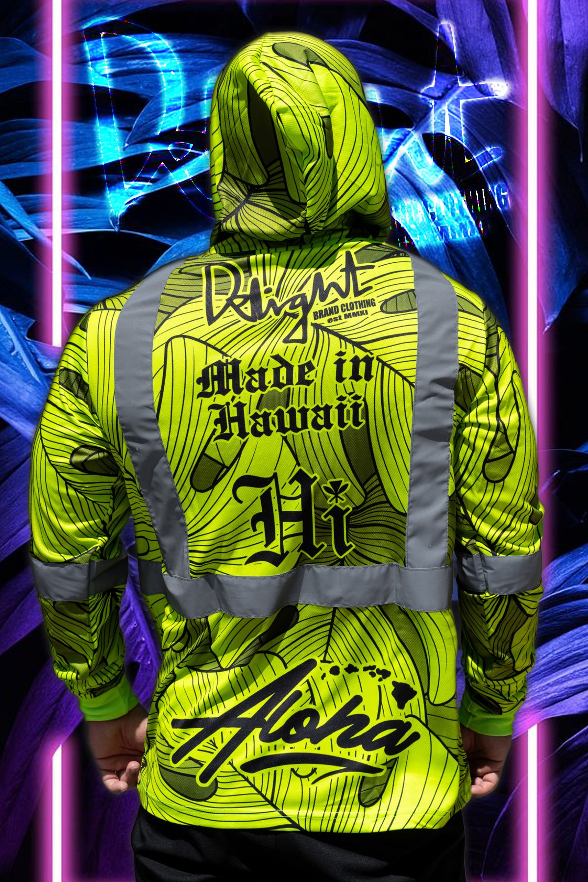 Neon Green/Monstera HI Viz. (Mesh) Hooded Long Sleeve