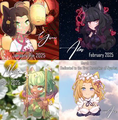 Image of Yanni, Alia, Melly, and Ara 2025 Patreon Acryic Pins