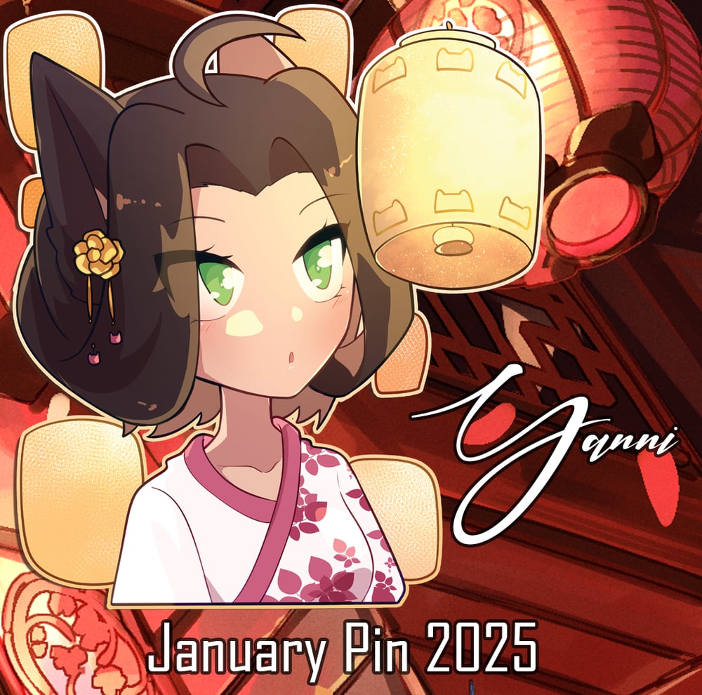 Image of Yanni, Alia, Melly, and Ara 2025 Patreon Acryic Pins