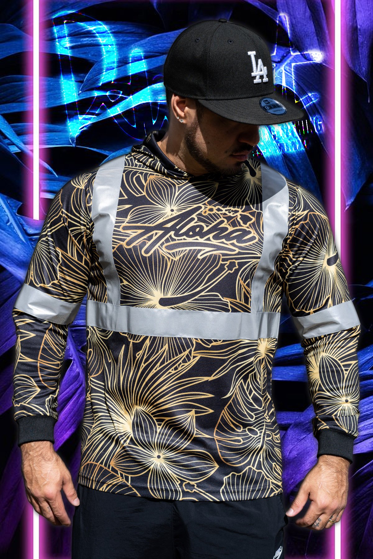 Hooded Hibiscus Aloha Islands (Micro Mesh) - Black/Gold high viz.