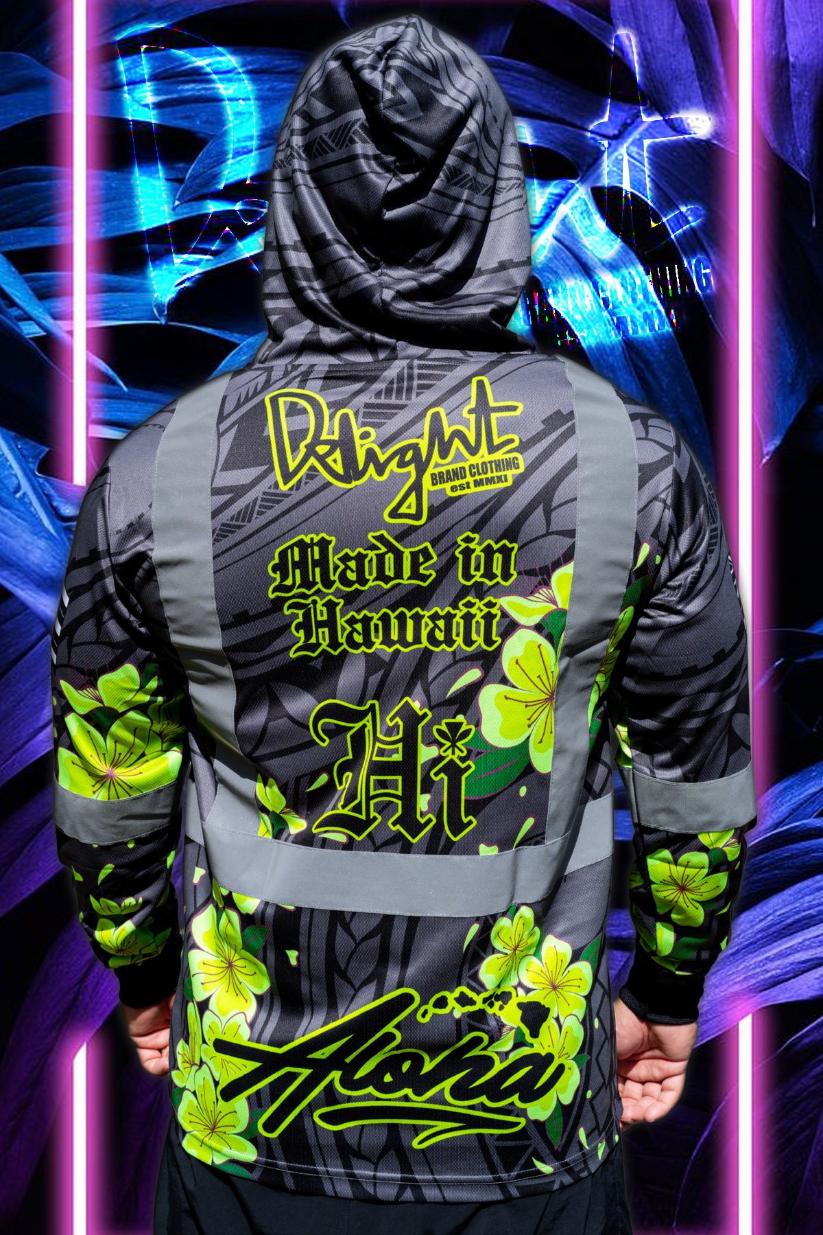 Black/Grey/Green (Floral Tribal) - Hoded Aloha Islands Long Sleeve High Viz.