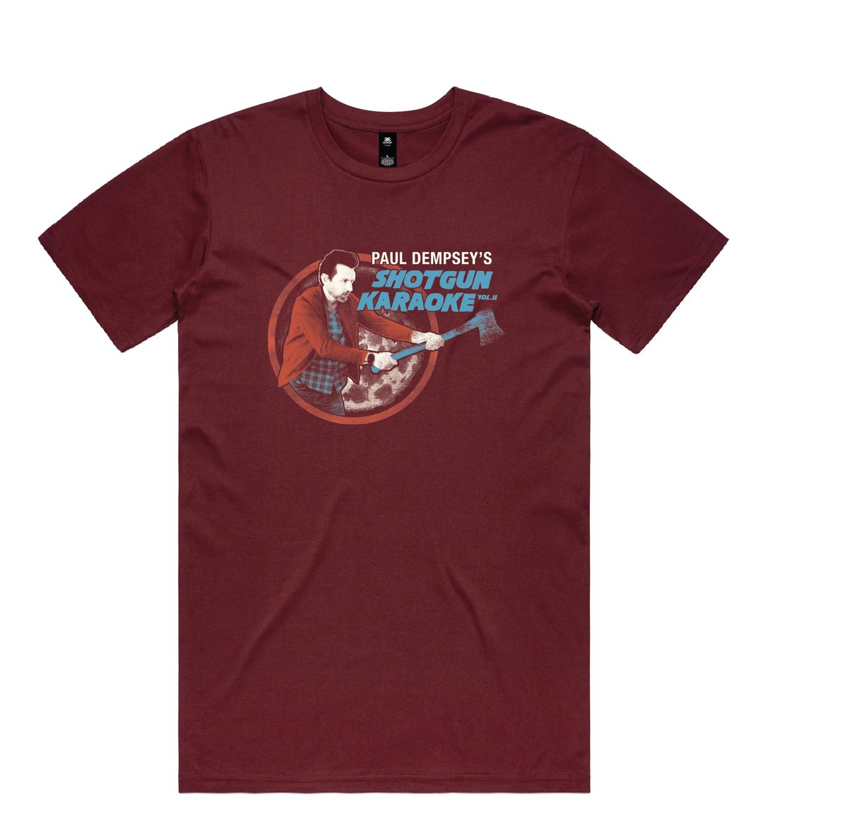 Image of Paul Dempsey Shotgun Karaoke logo tee burgundy