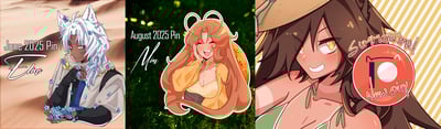 Image of Elias, Mia, and Keke 2025 Patreon Acryic Pins