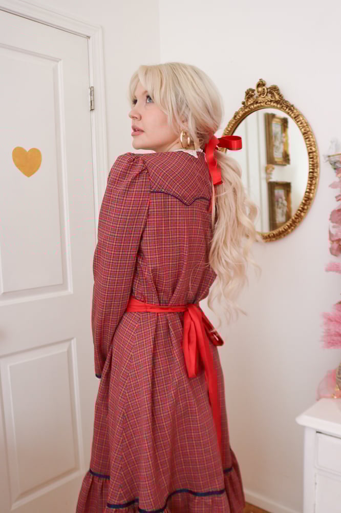 Image of Vintage 1970s Candi Jones Christmas Cottage Plaid Dress (Medium)