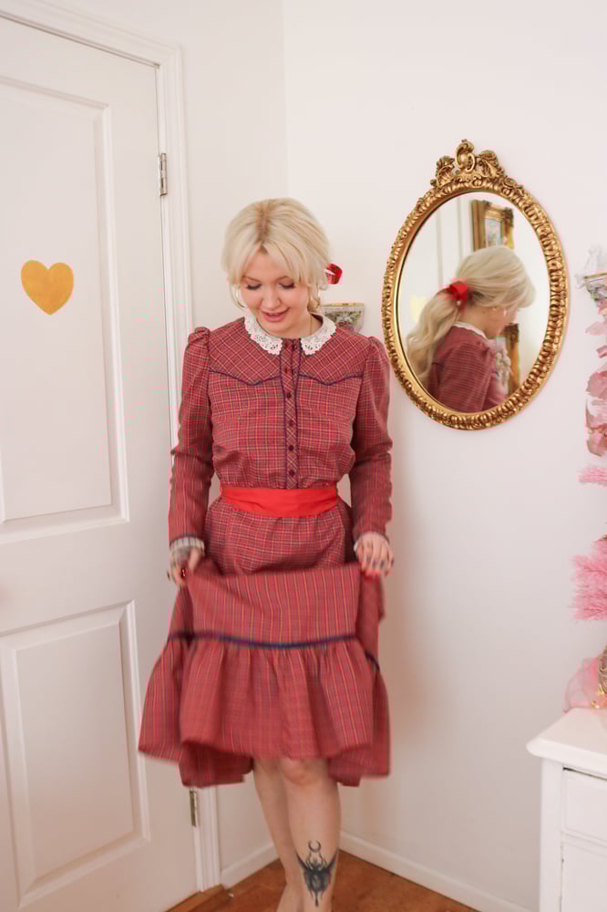 Image of Vintage 1970s Candi Jones Christmas Cottage Plaid Dress (Medium)