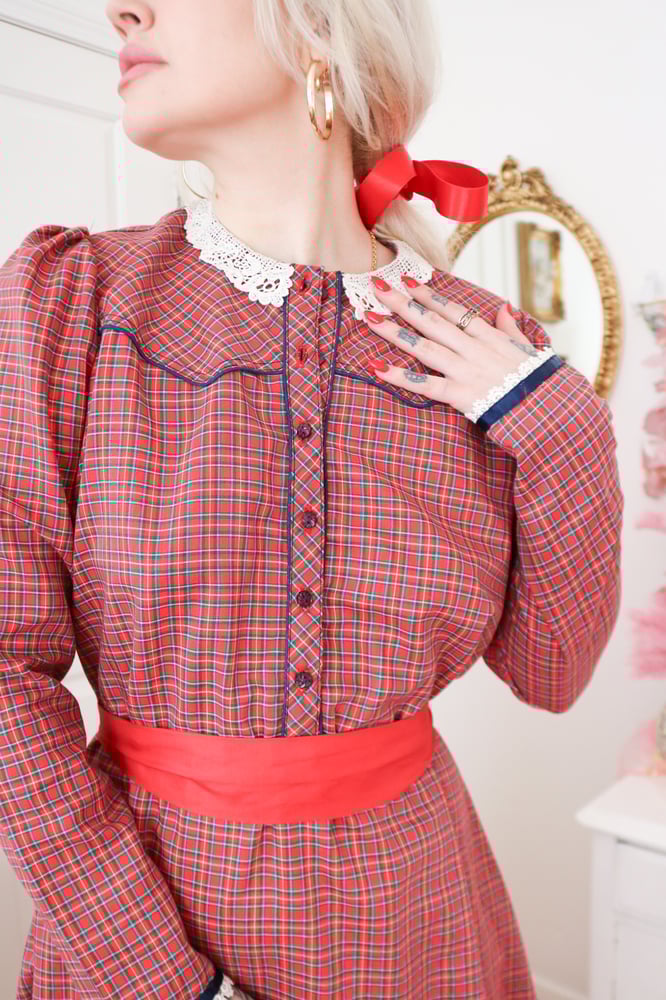 Image of Vintage 1970s Candi Jones Christmas Cottage Plaid Dress (Medium)