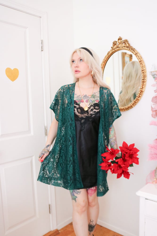 Image of 90s Alexandra Nicole Emerald Green Lace Robe (See Condition Section)