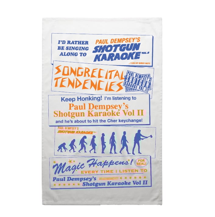 Image of Paul Dempsey Shotgun Karaoke tea towel /dish towel. 