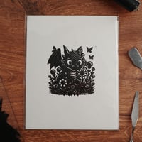 Image 1 of Little Dragon in Wildflowers Linocut Print | 8x10 Fantasy Wall Art | Whimsical Creature Print | T...