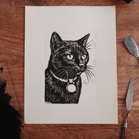 Image 1 of Custom Cat Portrait Linocut | Wood-Carved Block Print | Personalized Pet Memorial | Black Cat Art...