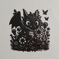 Image 2 of Little Dragon in Wildflowers Linocut Print | 8x10 Fantasy Wall Art | Whimsical Creature Print | T...