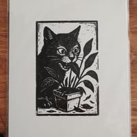 Image 2 of Plant-Eating Cat Linocut Print | 8x10 Black Cat Wall Art | Funny Cat Lover Gift | Whimsical Anima...