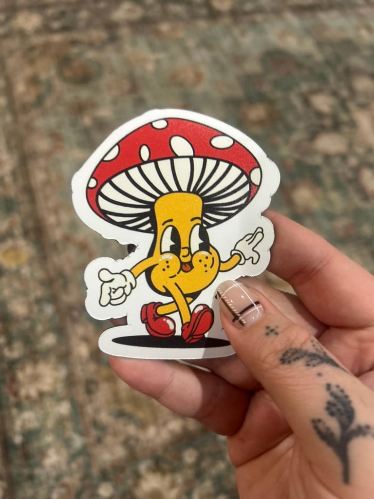 Image of Groovy Mushroom Character Sticker or Magnet - Retro Psychedelic Cartoon