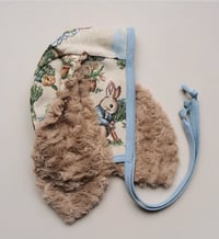 Image 2 of Rabbit Tapestry bunny bonnet with added bow and soft bunny ears
