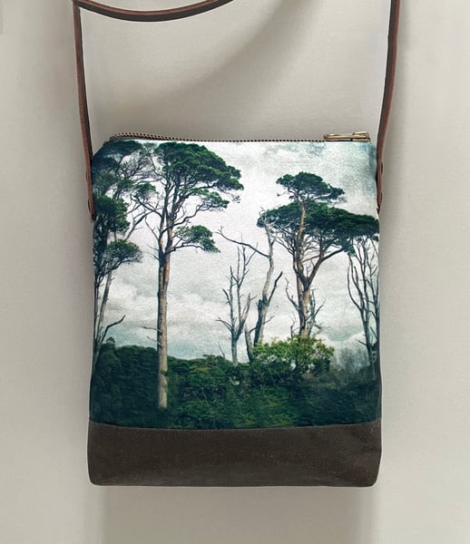 Image of Scots pine, crossbody velvet and waxed canvas phone bag