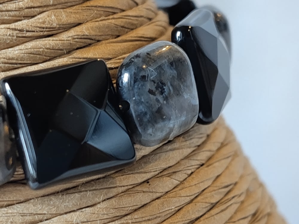 Image of ‘Nimbus’. Larvikite & Black Agate Stone Bracelet by B.D.S.