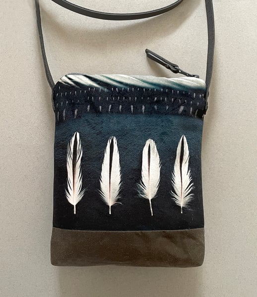 Image of Oystercatcher feathers, crossbody velvet and waxed canvas phone bag