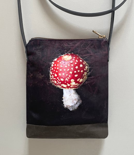 Image of Fly agaric, crossbody velvet and waxed canvas phone bag