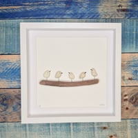5 Seaglass birds on driftwood branch