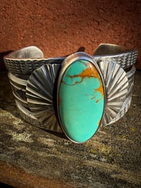 Image 2 of WL&A Handmade Ingot High Grade Green Royston Sunrise Cuff - Size 7 to 7.5" Wrist