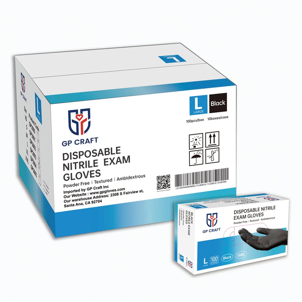 Image of GP50-5mil Disposable Black Nitrile Gloves (1 Case, 1000 Gloves)