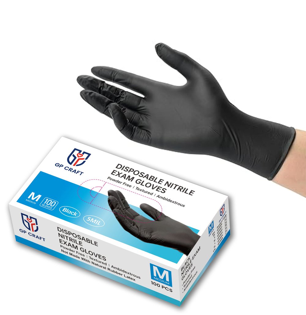 Image of GP50-5mil Disposable Black Nitrile Gloves (1 Case, 1000 Gloves)