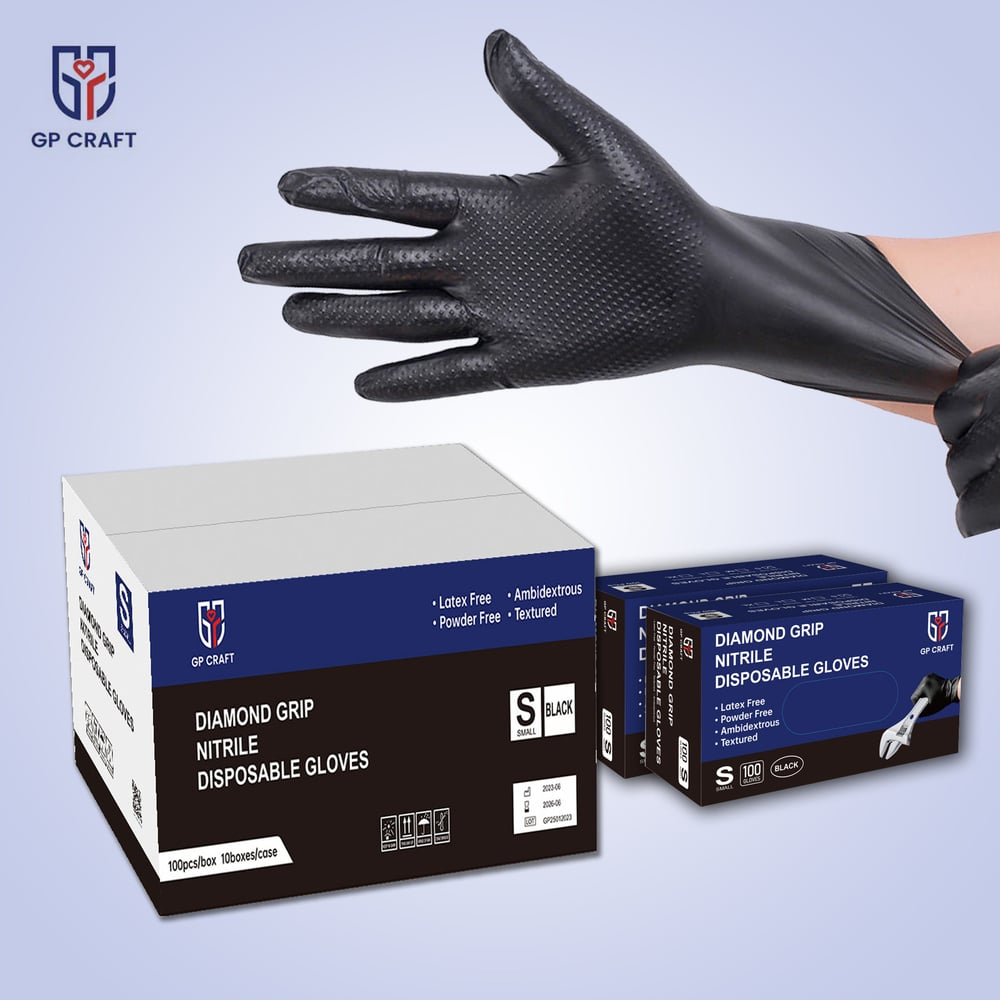 Image of GP66-8mil Diamond Grip Black Nitrile Gloves (1 Case, 1000 Gloves)