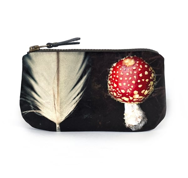Image of Fly agaric feather, printed velvet zipper bag