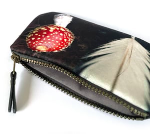 Image of Fly agaric feather, printed velvet zipper bag