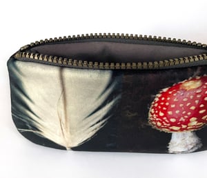 Image of Fly agaric feather, printed velvet zipper bag