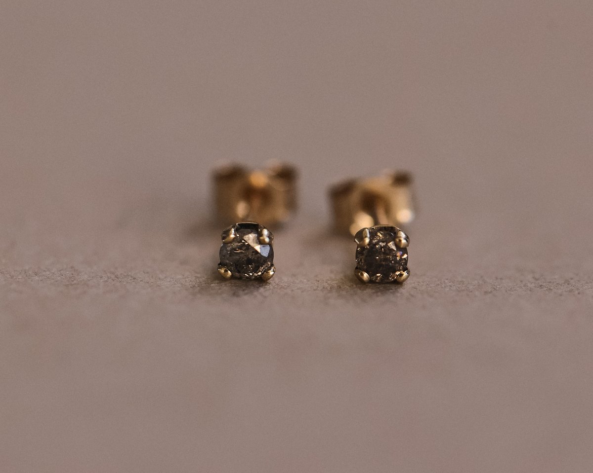 Image of 9ct gold, dark grey diamond, stud earrings