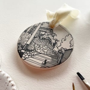 Image of A Meeting in the Alley, hand-painted ceramic bisque ornament