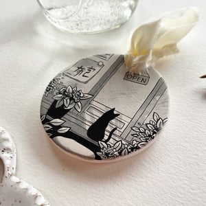 Image of Shop's Open, hand-painted ceramic bisque ornament