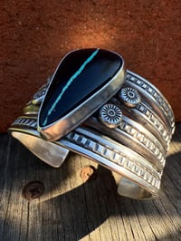 Image 1 of WL&A Handmade Old Style Heavy Ingot Row Black Jack Turquoise Medicine Cuff - Wrist 6.5 