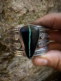 Image 2 of WL&A Handmade Old Style Heavy Ingot Row Black Jack Turquoise Medicine Cuff - Wrist 6.5 