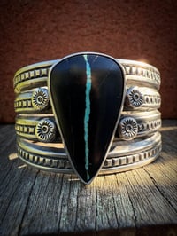 Image 3 of WL&A Handmade Old Style Heavy Ingot Row Black Jack Turquoise Medicine Cuff - Wrist 6.5 
