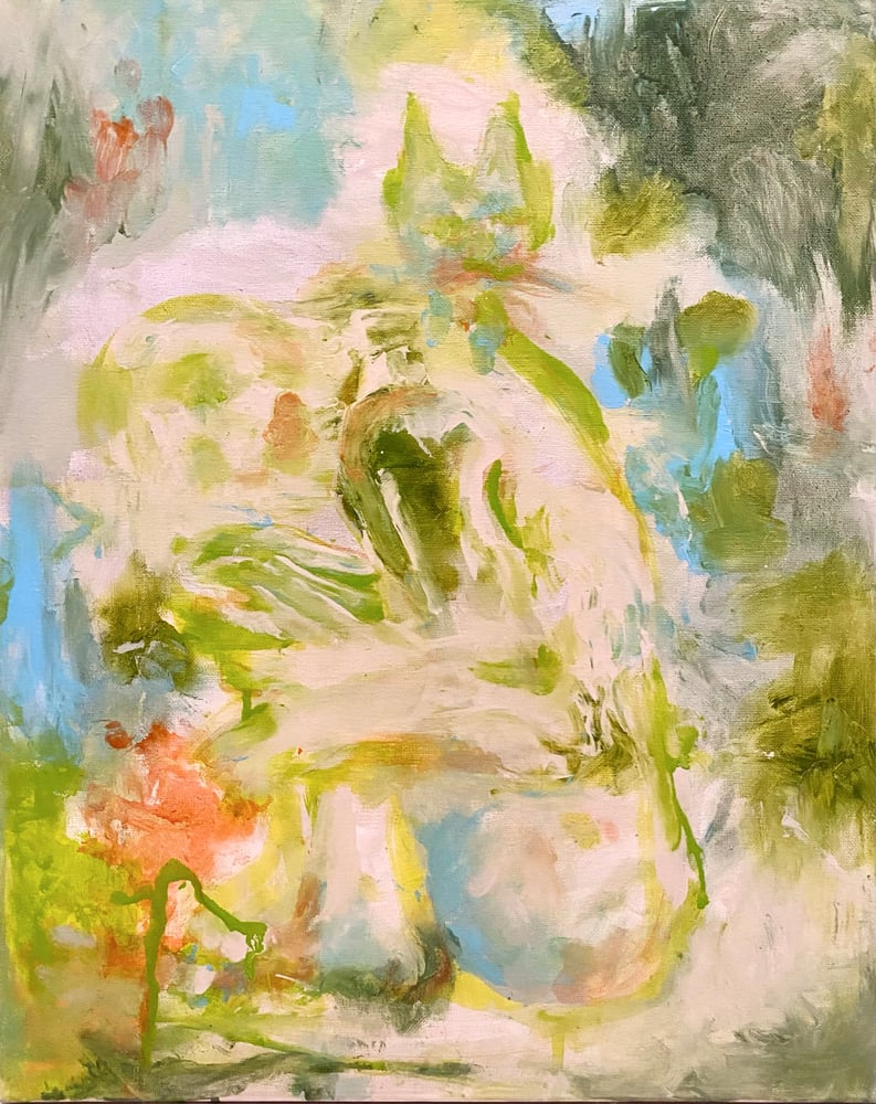 Image of Woman and Cat in Garden (Original Painting)