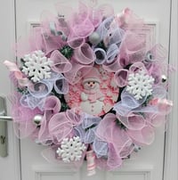 Image 2 of Snownan Wreath, Pink/White Door Wreath, Snowman Christmas Door Wreath   
