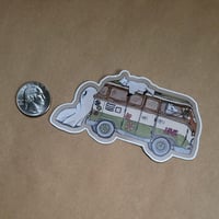 Image 2 of Vinyl Sticker--Swoopy Ghost with his Broken Down Hippy Van