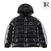 Image 1 of Moncler Black Shiny Down Puffer with Side Stripe Detail