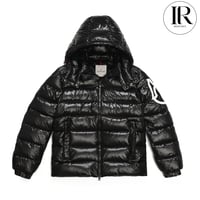Image 1 of Moncler Black Glossy Hooded Puffer Jacket with Large Arm Patch