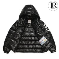 Image 2 of Moncler Black Glossy Hooded Puffer Jacket with Large Arm Patch