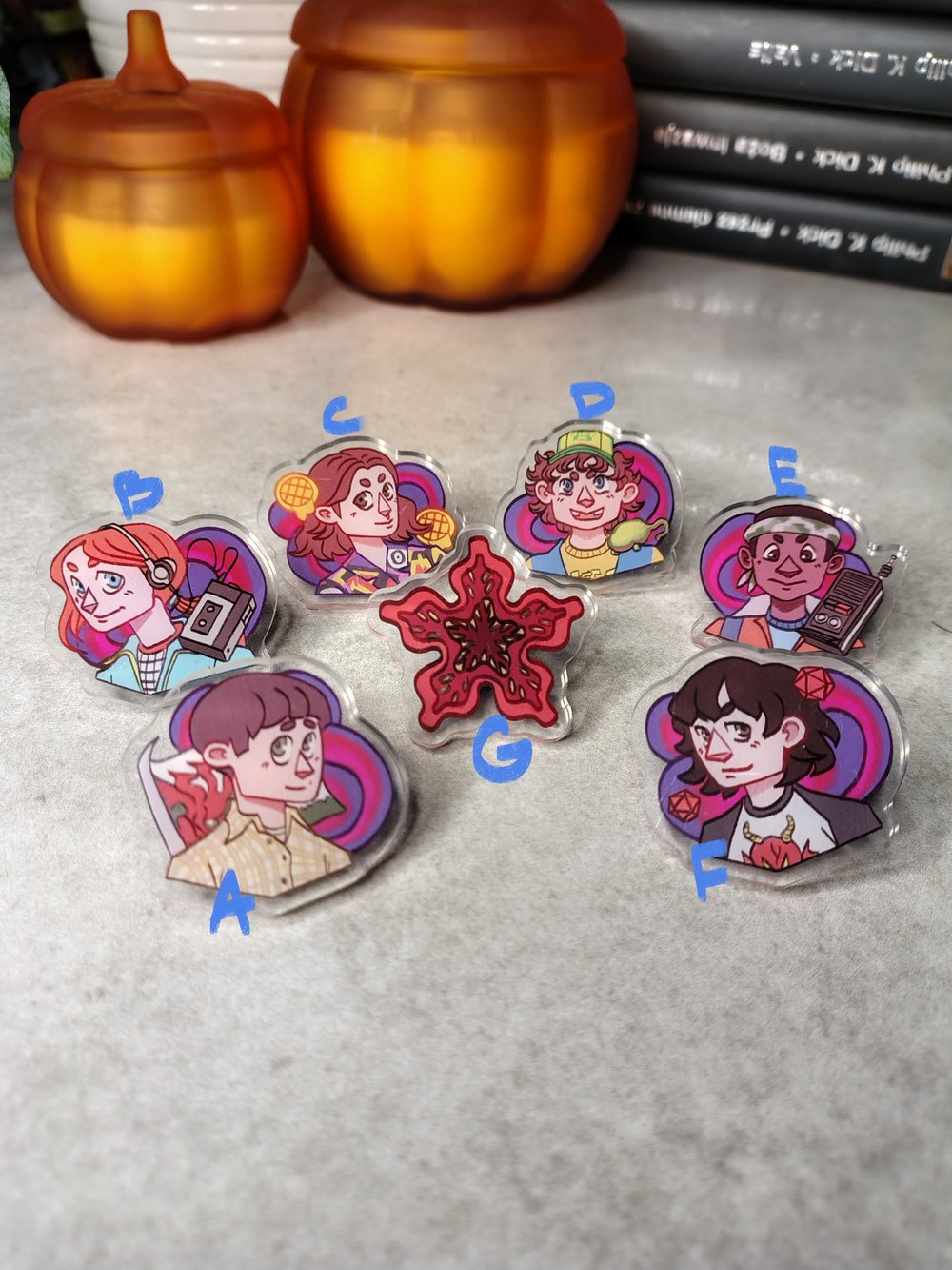 Image of ST characters acrylic pins