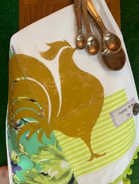 Image 1 of Flour Sack Towel, Gold Rooster Stencil  with Mint Green and Lilac Floral Fabric