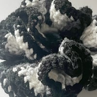 Image 4 of SKZ "Divine" Crochet Scrunchie | Black, White & Gray Ombre Hair Tie