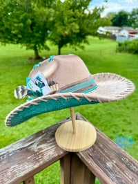 Image 1 of "Paisley Breeze" Burned Cowboy Hat, Whipstitched Suede Hat, Turquoise Leather Stitched Hat