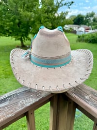 Image 3 of "Paisley Breeze" Burned Cowboy Hat, Whipstitched Suede Hat, Turquoise Leather Stitched Hat