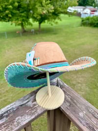 Image 5 of "Paisley Breeze" Burned Cowboy Hat, Whipstitched Suede Hat, Turquoise Leather Stitched Hat