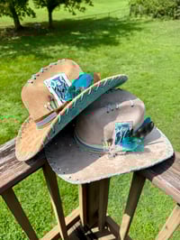 Image 7 of "Paisley Breeze" Burned Cowboy Hat, Whipstitched Suede Hat, Turquoise Leather Stitched Hat